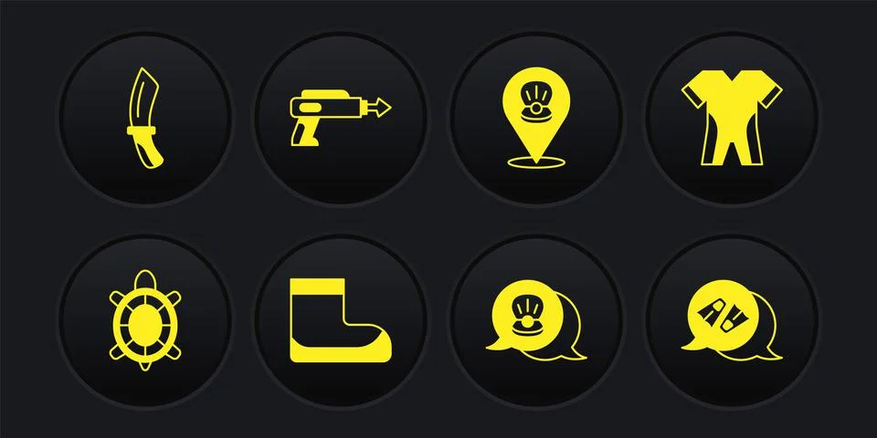 Set Turtle, Wetsuit for scuba diving, Boots, Scallop sea shell, Fishing harpoon Illustrazione stock