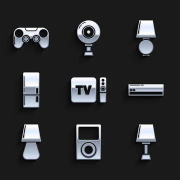 Set TV box receiver and player with remote controller, Music, Table lamp, Air Stock Illustration