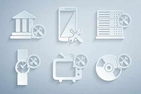 Set Tv service, Database server, Wrist watch, CD or DVD disk, Smartphone an.. Illustrazione stock