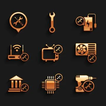 Set Tv service, Processor, Drill machine, Air conditioner, Bank building, R.. Ilustración de archivo