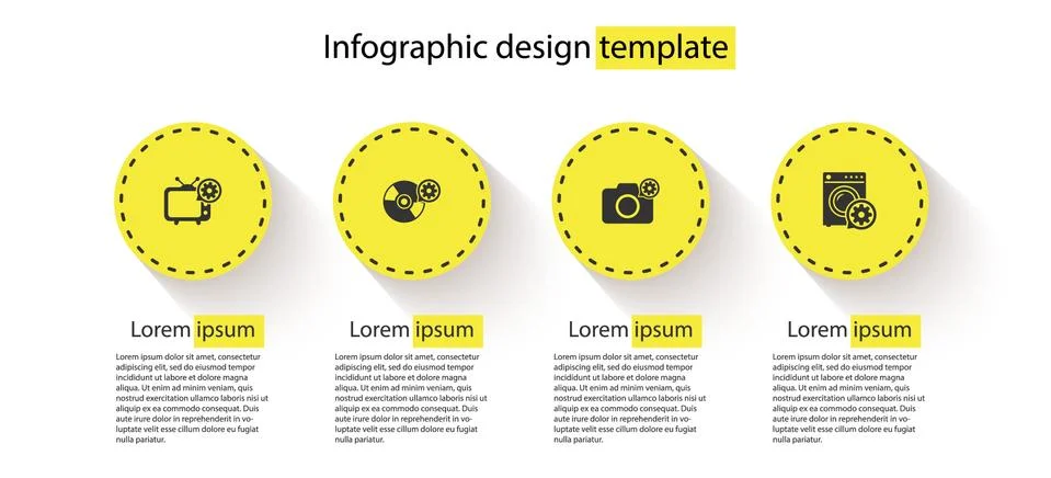 Set Tv setting, CD or DVD disk, Photo camera and Washer. Business infographic Stock Illustration
