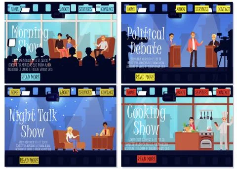 Set of TV show studio banners with programs guests, flat vector illustration. Ilustración de archivo