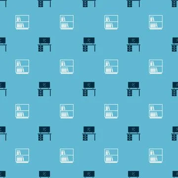 Set TV table stand and Library bookshelf on seamless pattern. Vector イラスト素材