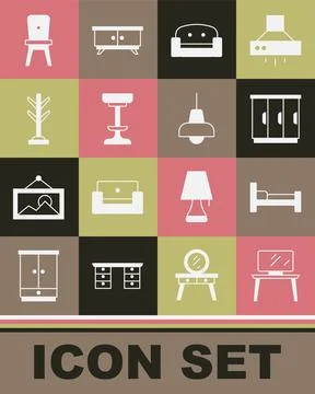 Set TV table stand, Bed, Wardrobe, Armchair, Chair, Coat, and Lamp hanging icon Stock Illustration