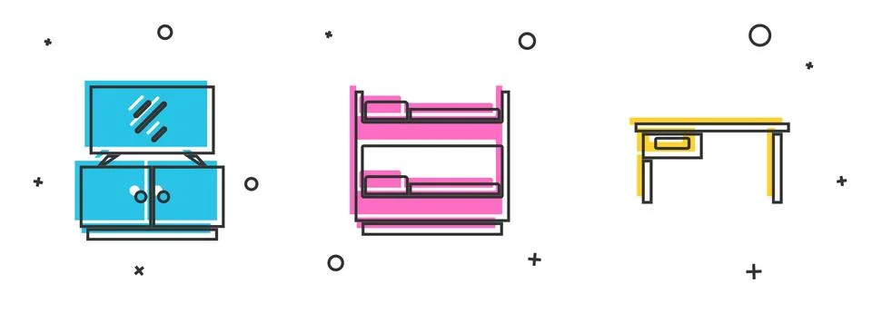 Set TV table stand, Bunk bed and Office desk icon. Vector Illustrazione stock