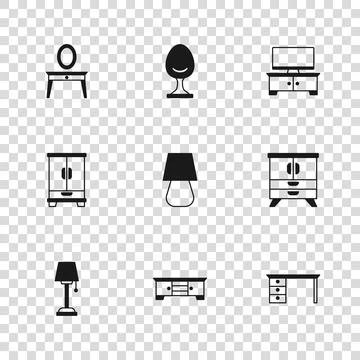 Set TV table stand, Chest of drawers, Office desk, Table lamp, Dressing, Ar.. Ilustración de archivo