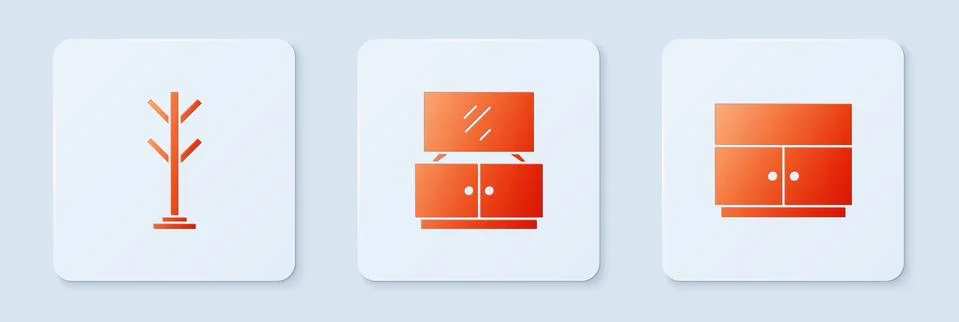 Set TV table stand, Coat and Wardrobe. White square button. Vector Stock Illustration