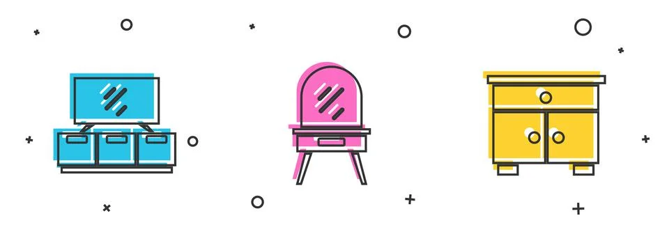 Set TV table stand, Dressing and Furniture nightstand icon. Vector Stock Illustration