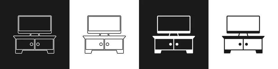 Set TV table stand icon isolated on black and white background. Vector Stock Illustration