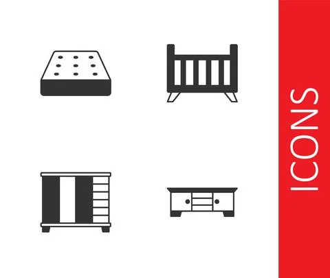 Set TV table stand, Mattress, Wardrobe and Baby crib cradle bed icon. Vector Illustrazione stock