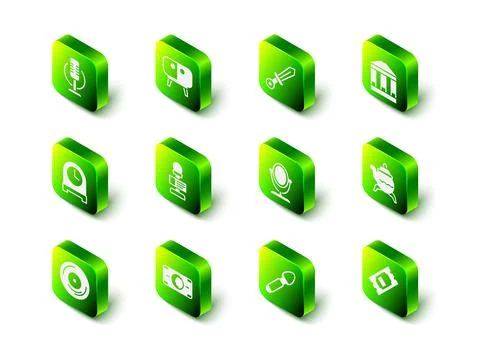 Set TV table stand, Medieval sword, Museum building, Classic teapot, Cinema Ilustración de archivo