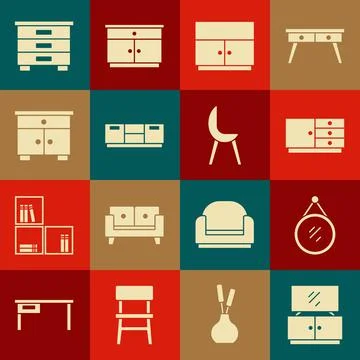 Set TV table stand, Mirror, Chest of drawers, Wardrobe, Furniture nightstand, Illustrazione stock