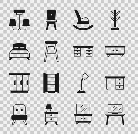 Set TV table stand, Office desk, Furniture nightstand, Rocking chair, Chair, Big Stock Illustration