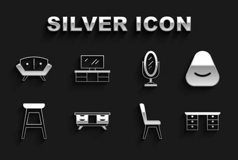 Set TV table stand, Pouf, Office desk, Chair, Mirror, Sofa and  icon. Vector Illustrazione stock