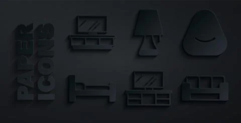 Set TV table stand, Pouf, Bed, Sofa, Table lamp and  icon. Vector Stock Illustration