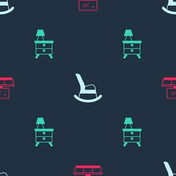 Set TV table stand, Rocking chair and Nightstand with lamp on seamless patt.. Stock Illustration