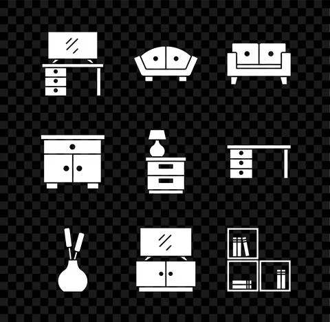 Set TV table stand, Sofa, Vase, Shelf with books, Furniture nightstand and lamp Illustrazione stock