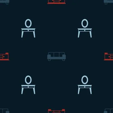 Set TV table stand, Sofa and Dressing on seamless pattern. Vector Illustrazione stock