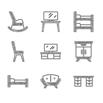 Set TV table stand, Sofa, Office desk, Furniture nightstand, Bed, Chair, Bunk Stock Illustration