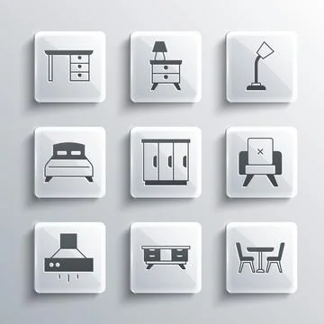 Set TV table stand, Table with chair, Armchair, Wardrobe, Kitchen extractor fan Stock Illustration