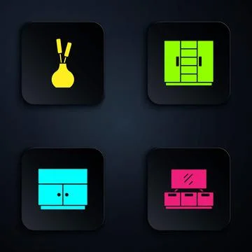 Set TV table stand, Vase, Wardrobe and . Black square button. Vector Stock Illustration