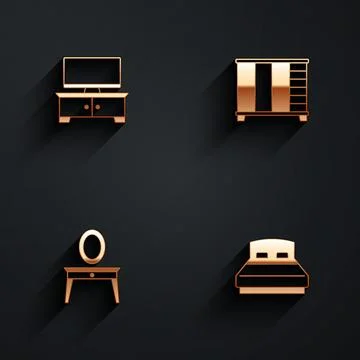 Set TV table stand, Wardrobe, Dressing and Big bed icon with long shadow. Vector Stock Illustration