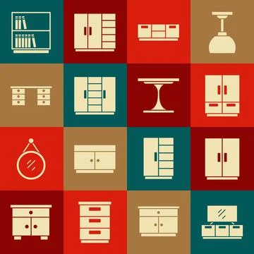 Set TV table stand, Wardrobe, Furniture nightstand, Office desk, Library Illustrazione stock