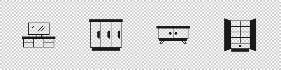 Set TV table stand, Wardrobe, Furniture nightstand and  icon. Vector Illustrazione stock