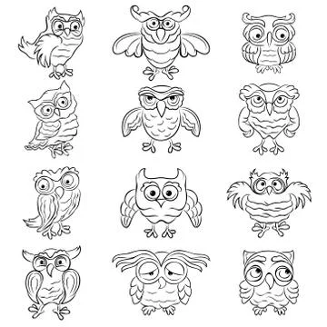 Set of twelve amusing owls outlines Stock Illustration