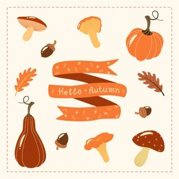 Set of twelve autumn elements. Vector hand drawn illustration. Stock Illustration