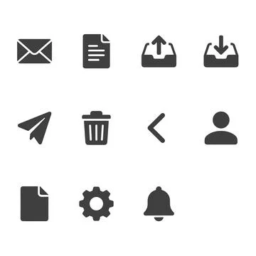Set of twelve black flat vector icons including email envelope, document fi.. Ilustração Stock
