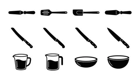 Set of twelve black kitchen utensils and tools isolated on white background Stock Illustration
