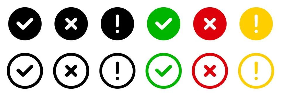 Set of twelve check mark cross exclamation mark in black green red yellow Stock Illustration