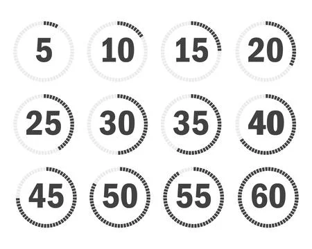 Set of twelve circular timer icons for countdown from five to sixty for int.. Stock Illustration