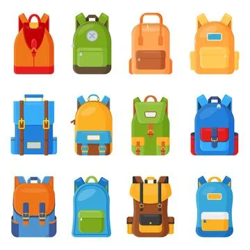 Set of twelve colored school backpacks. Education and study flat collection.. Stock Illustration