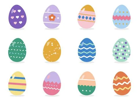 Set of twelve colorful Easter eggs with zigzag, polka dots, hearts, stripes and Stock Illustration