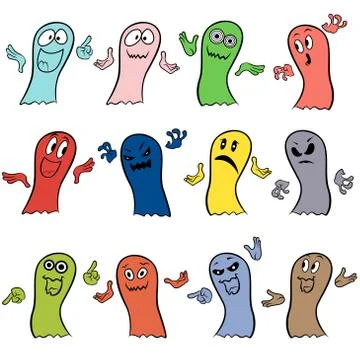 Set of twelve colorful ghosts Stock Illustration