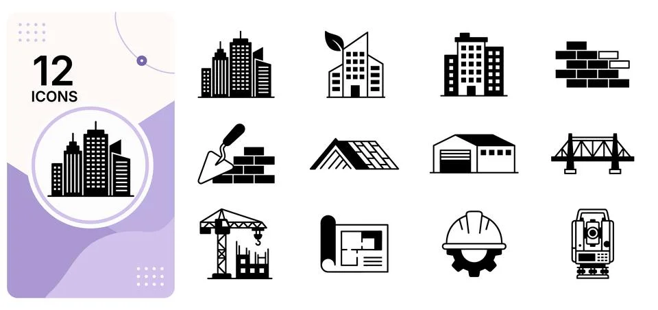 Set of twelve construction and architecture icons isolated on white backgroun Stock-Illustration