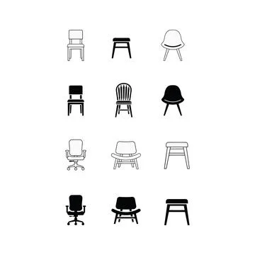 Set of twelve different chair featuring various seating styles in black and.. Stock Illustration