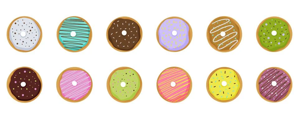 Set of twelve donuts in colored glaze Stock Illustration