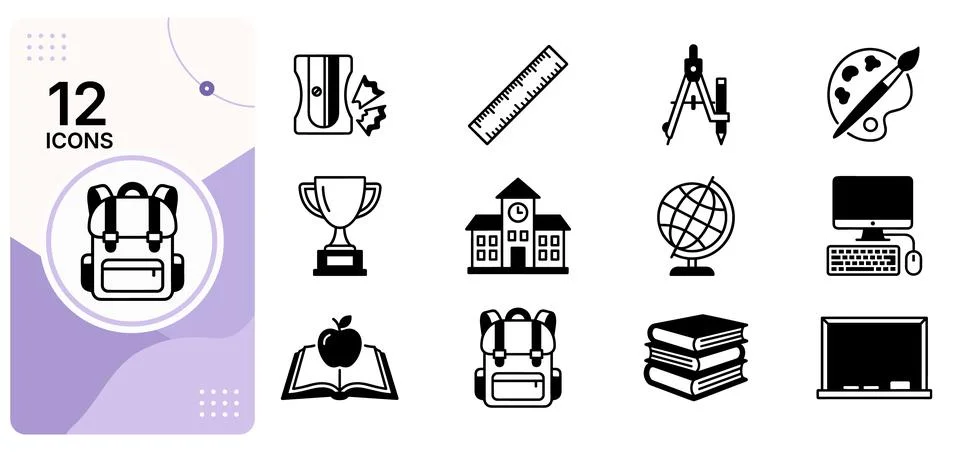 Set of twelve educational and school activity icons isolated on white Stock Illustration