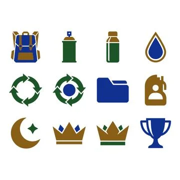 Set of Twelve Flat Icons Featuring Adventure, Recycling, Documents, and Ach.. Stock Illustration