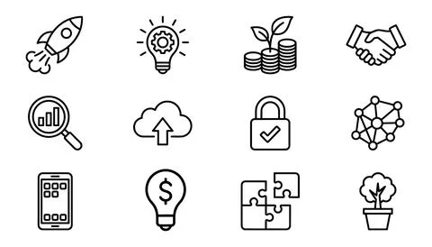Set of twelve flat line icons representing business and technology concepts.. Stock Illustration