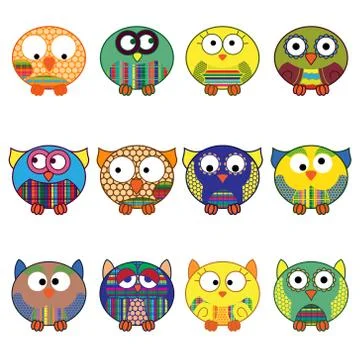 Set of twelve funny oval owls in various colors Stock Illustration