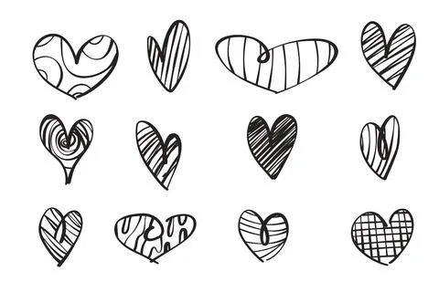 A set of twelve hand-drawn hearts. Hand drawn rough heart marker isolated o.. Stock Illustration