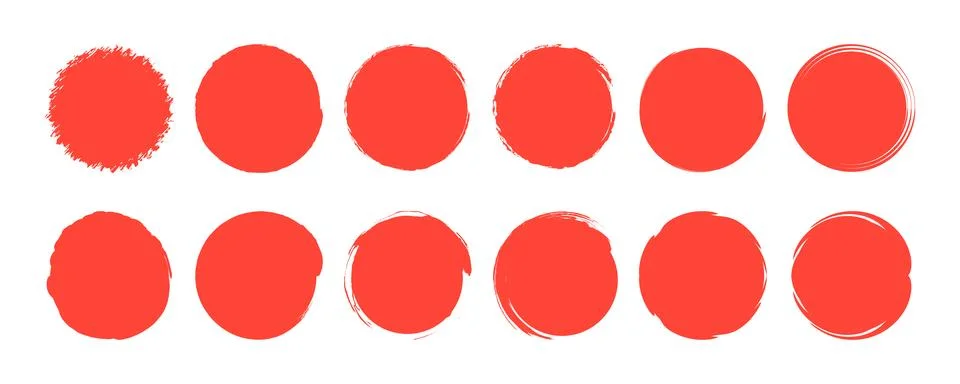 Set of twelve hand drawn red circular brush strokes on a white background Stock Illustration