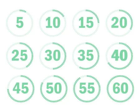 Set of twelve mint green circular timer icons for countdown from five to si.. Stock Illustration