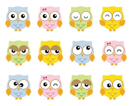 Set twelve nice simple owls in various moods cartoon style Stock Illustration