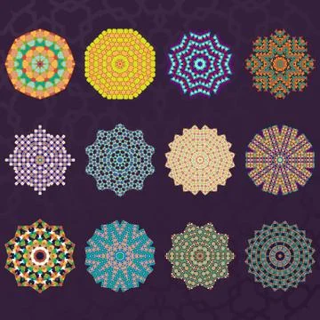 Set of Twelve Round Geometric Mandala kaleidoscope Ornaments Circles Elements Stock Illustration