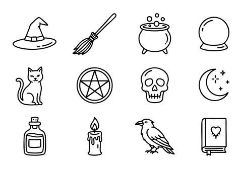 A set of twelve simple black and white halloween line art icons Stock Illustration